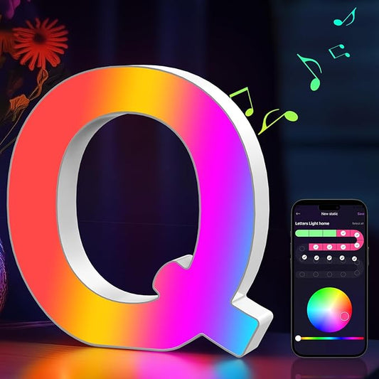 Light Up Letters Marquee Letter - Music Sync RGB Color Changing LED Lights Letter Logo Game Lights for Girls Women Party Birthday Christmas Valentine's Day Wall Desktop Decoration (MRGB-Q)
