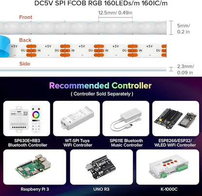 BTF-LIGHTING FCOB COB XGB1338(WS2812B) IC RGB 160LED/m 320IC LED Strip DC5V 6.5FT Individual Addressable Flexible High Density Uniform Light Dream Chasing Color 0.19in Width(NO Adapter or Controller)
