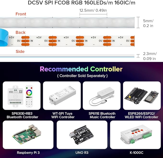 BTF-LIGHTING FCOB COB XGB1338(WS2812B) Individually Addressable IC RGB 160LED/m 640IC LED Strip DC5V 13.1FT 5mm Width Dream Chasing Color High Density Uniform Light(NO Adapter or Controller)