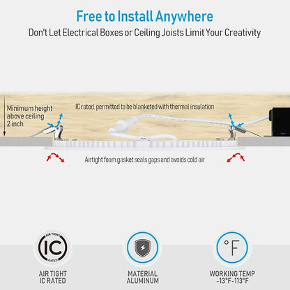TORCHSTAR Premium Series 8 Inch Ultra-Thin LED Recessed Ceiling Light with J-Box, 18W 10%-100% Dimmable Recessed Downlight, Aluminum, 2700K Soft White, CRI90, ETL & ES Listed, White, Pack of 6