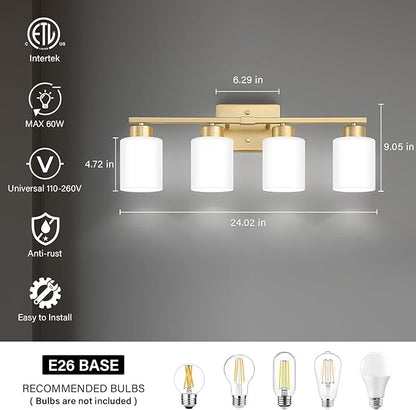 FonmYim Gold Bathroom Light Fixtures, 4-Light Modern Vanity Light Over Mirror, Wall Sconces with Milky White Frosted Glass Shades, E26 Socket (Bulbs Not Included)