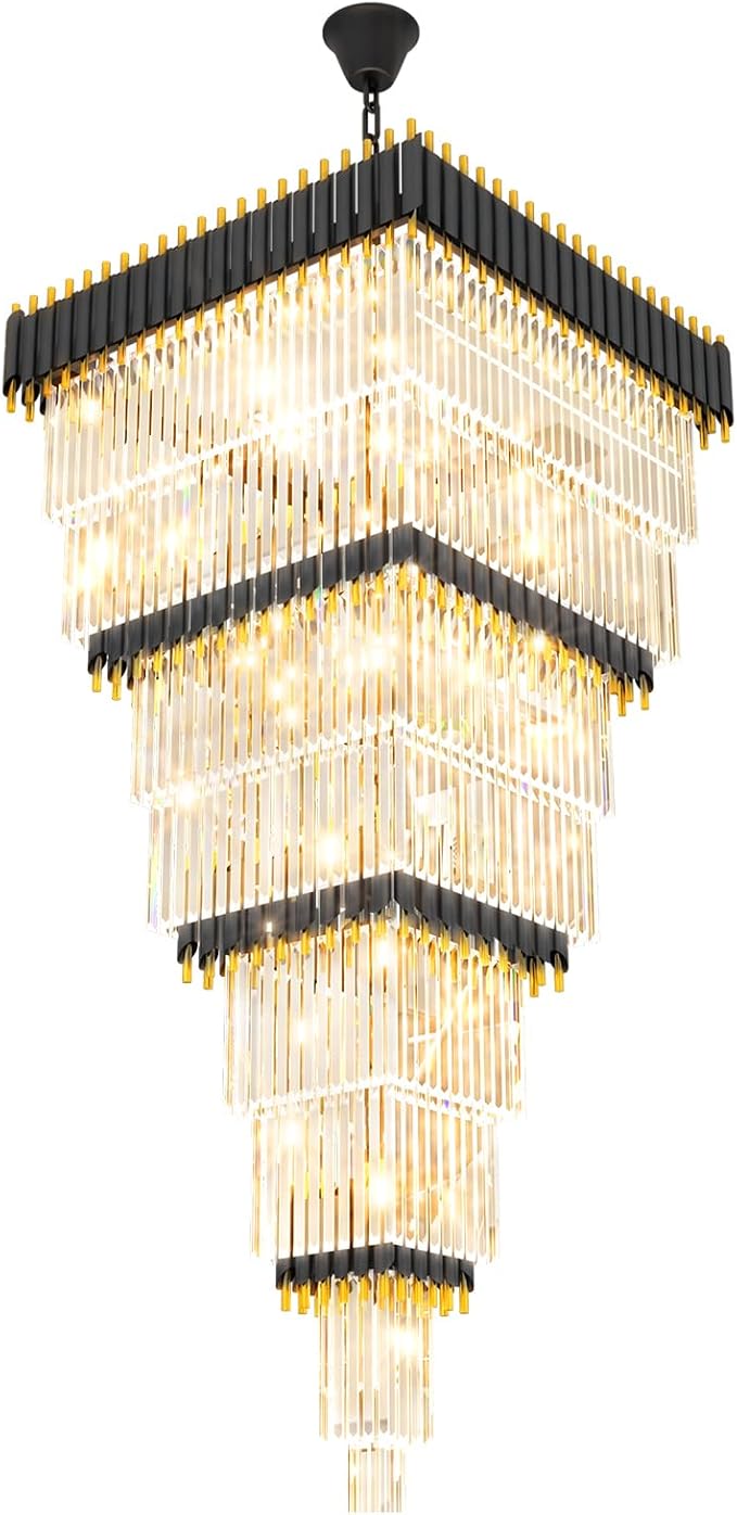 W32in x H94.5in Large Black Gold Crystal Chandelier,Square Crystal Raindrop Chandelier High Ceiling Pendant Light for Entrance Villa Foyer Ceiling Lighting Fixtures