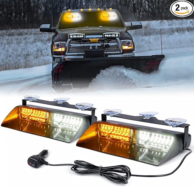 Xprite 2×11 inch High Intensity White Amber 32 LED Emergency Strobe Dash Lights, Interior Windshield Flashing Light w/Suction Cups for Construction Trucks Plows Postal Security Cars