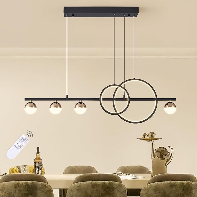 ORANOOR Modern Black Gold Chandeliers for Dining Room, Dimmable LED Chandelier Linear Pendant Light for Kitchen Island, 39in Globe Haning Pendant Chandelier Lighitng with Remote (2 Rings, 3000lm)