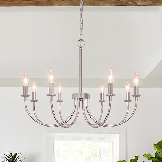 8-Light Farmhouse Chandelier, Brushed Nickel Dining Room Light Fixtures, Industrial Modern Candle Chandeliers for Living Room, Bedroom, Foyer, Kitchen, Entryway