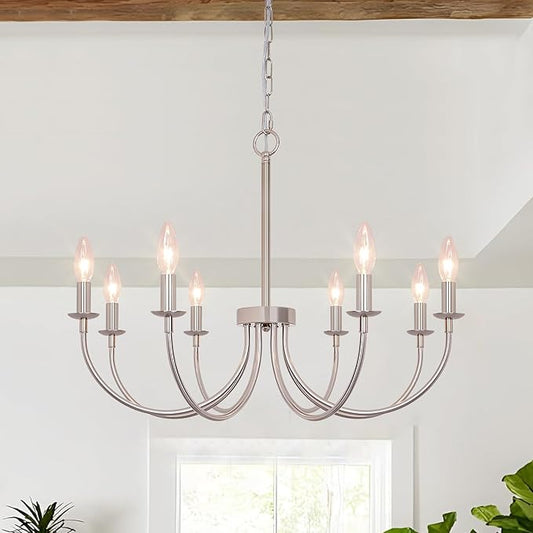 8-Light Farmhouse Chandelier, Brushed Nickel Dining Room Light Fixtures, Industrial Modern Candle Chandeliers for Living Room, Bedroom, Foyer, Kitchen, Entryway