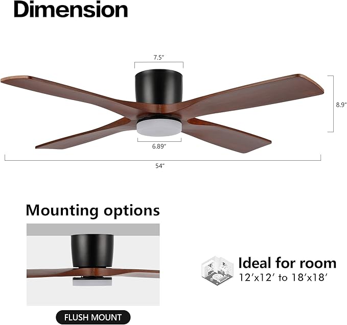WINGBO 54 Inch Flush Mount DC Ceiling Fan with Lights and Remote, 4 Reversible Carved Wood Blades, 6-Speed Noiseless DC Motor, Hugger Ceiling Fan in Matte Black Finish with Walnut Blades