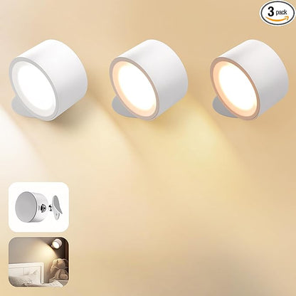 Wall Mounted Lamp LED Wall Lights with Rechargeable Battery Operated, 3 Color Temperatures & 3 Brightness Levels 360°Rotate Magnetic Ball, Cordless Sconces for Reading Bedroom Bedside,White-3 Pack
