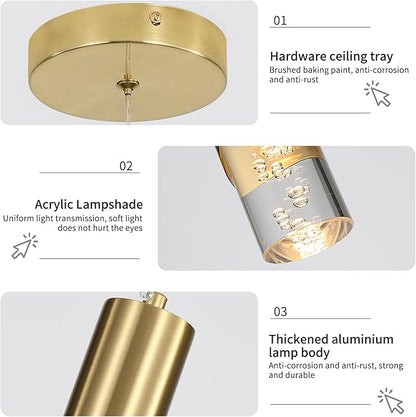 3 Pack Modern Gold Pendant Light Fixture, Acrylic Bubble Cylinder Hanging Lights, 3 Color Temperatures, Minimalist Ceiling Chandelier Lighting for Dining Room, Bedroom, Hallway, Bar, Kitchen Island