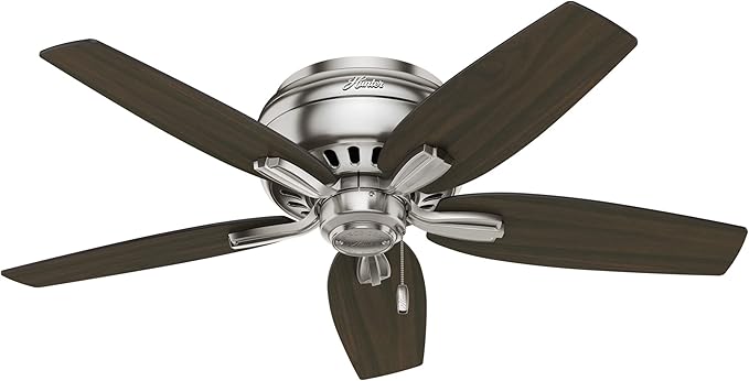 Hunter 42 inch Indoor Ceiling Fan with LED Light - Ceiling Fan with Pull Chain, For Bedroom or Living Room, Low Profile Flush Mount, No Remote, 5 Blades, Includes Bulbs - Newsome 51082, Brushed Nickel