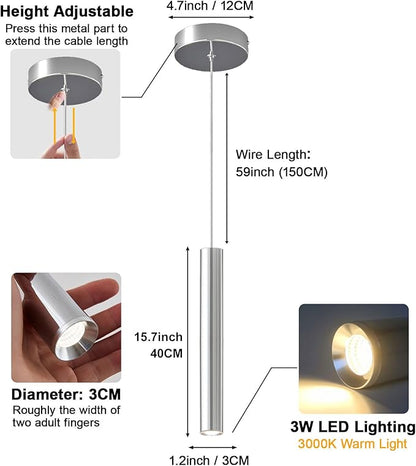 Modern LED Pendant Light Fixtures Chrome Long Tube Pendant Lights 2 Pack Pendant Lighting for Bedroom Dining Room Bar Kitchen Island Hanging Light Height Adjustable, 3000K
