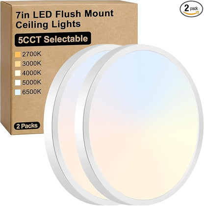 Brightever 7 Inch Flush Mount Ceiling Light, 12W 1200LM LED Ceiling Light Fixtures, 2700K/3000K/4000K/5000K/6500K Selectable, 0.67 Inch Ultra Thin Flat Ceiling Lights for Bedroom Closet, 2 Packs