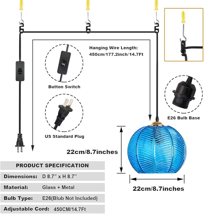 Plug in Glass Pendant Light Mid-Century Modern Striped Glass Hanging Ceiling Lighting Fixture with 14.7FT Cord, Globe Decor Chandelier for Living Room, Bedroom, Dining Hall, Kitchen (Blue)