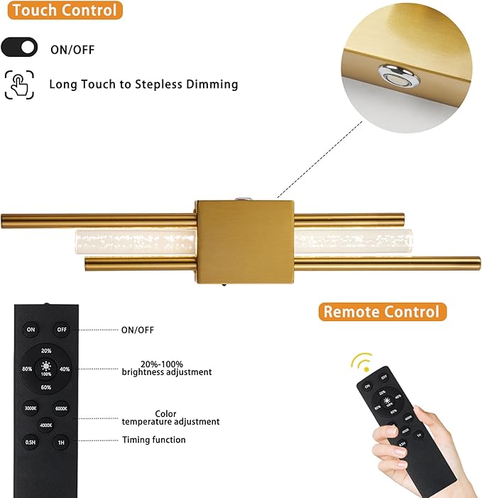 Battery Operated Wall Sconces Set of Two, Rechargeble Modern Crystal Bathroom Wall Sconces, 3000K-6000K Dimmable Gold LED Wireless Wall Lights for Vanity Bedroom Living Room Hallway 19.7in