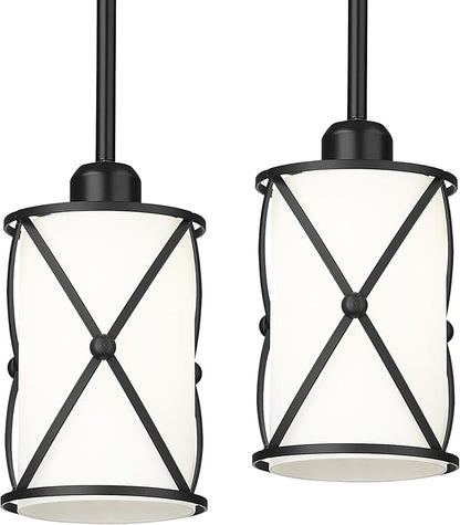 Glass Pendant Lights Kitchen Island, 2 Pack Modern Black Pendant Light Fixtures with Frosted Glass and Rod, Mid Century Cage Pendant Light for Kitchen Sink Dining Room, CH9176BKW-2PK