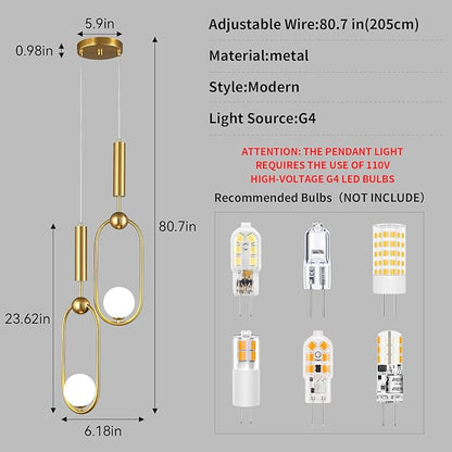 Modern Oblong Glass Pendant Light fixtures 2-Light, Simplicity Gold Pendant Lighting, Mid Century Chandelier for Kitchen Island Dining Room Bedroom Entryway Hallway(1-Pack)