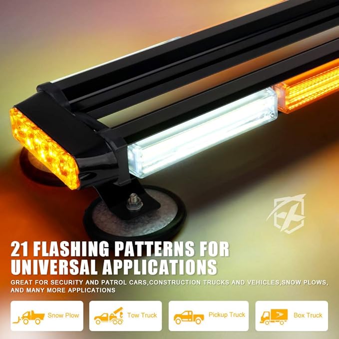 Xprite White Amber COB LED Rooftop Strobe Flashing Light Bar Double Side 26" High Visibility Emergency Hazard Warning Beacon Lights w/Magnetic Base for Safety Vehicles Tow Trucks Pickup Cars Snowplow