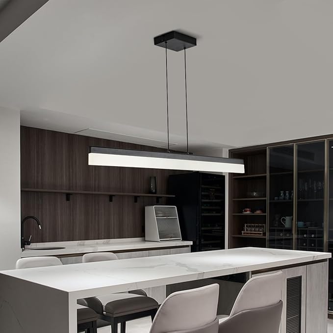 Black Wood LED Kitchen Island Lighting, 39 Inch LED Linear Pendant Light, Dimmable Ceiling Hanging Chandeliers for Dining Room Living Room Bar Pool Table 24W, Modern Farmhouse Fixture, 6000K