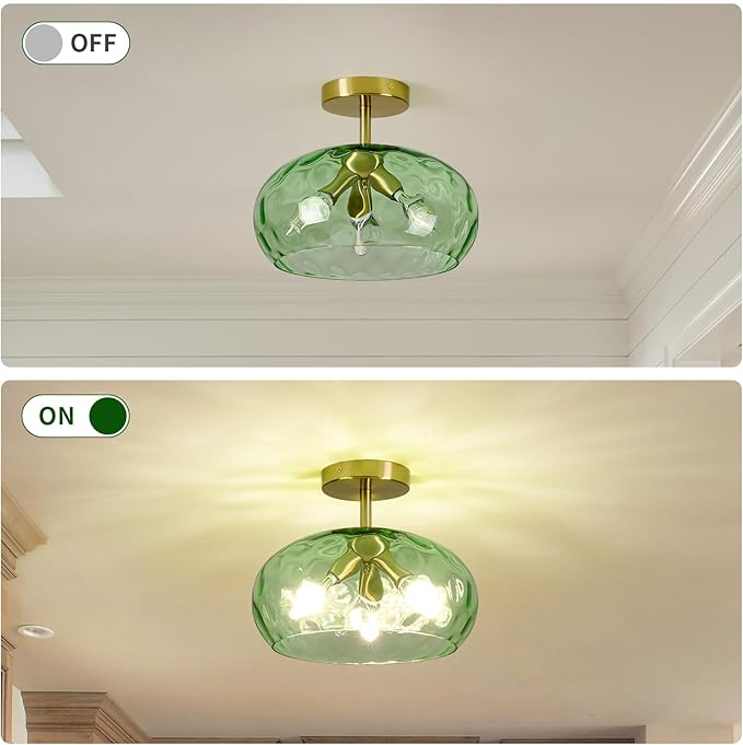 Luafac Green Glass Flush Mount Ceiling Light - 12 Inch Hammered Glass Hallway Light fixtures Ceiling, Vintage Gold Semi Flush Mount Ceiling Light,Mid Century Light Fixture for Bedroom Entryway Kitchen