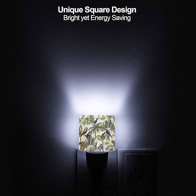 LED Night Light,Tropic Exotic Trees And Animals LED Night Light Plug into Wall with Dusk to Dawn Light Sensor White Energy Efficient Nightlight for Bedroom Bathroom Hallway Living Room Kitchen