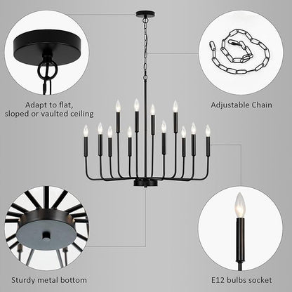 Black Chandeliers for Dining Room Light Fixture Over Table, Modern Farmhouse Chandeliers for Living Room,12-Lights Industrial Metal Candle Lighting Fixtures for Entryway Kitchen Island Foyer