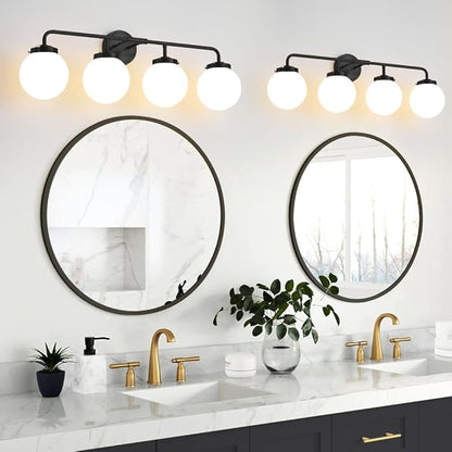 Bathroom Light Fixtures Over Mirror, 4-Light Matte Black Vanity Lighting with Milk White Glass Globe Shades Modern Wall Sconce