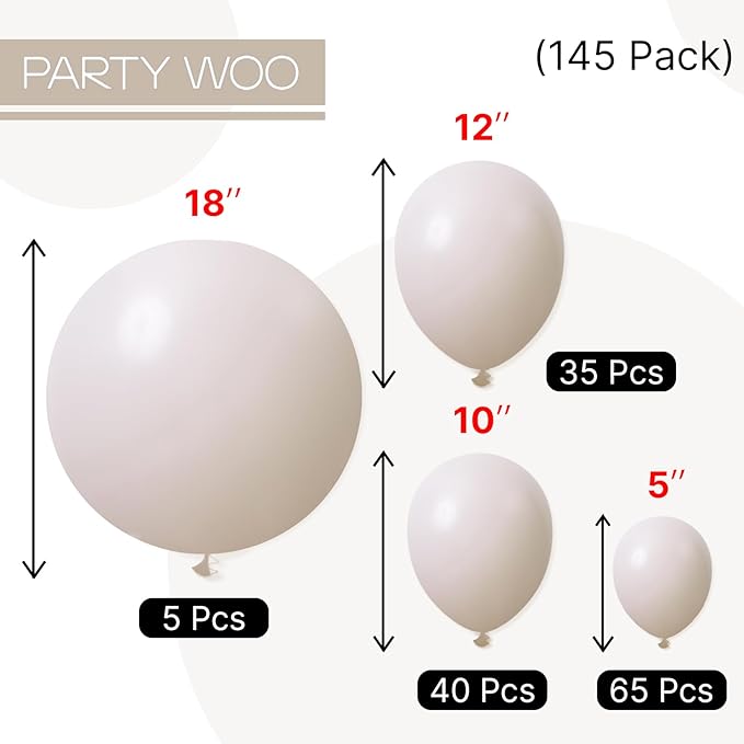 PartyWoo White Sand Balloons 145pcs Different Sizes of 18 12 10 5 Inch Off White Beige Cream Ivory Boho Neutral Balloon Arch Kit Garland for Wedding Baby Shower Birthday Party Decorations White-F12