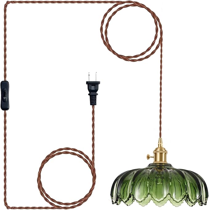 XZHGCEE Plug in Pendant Light Fixtures: Hanging Light Plug in Green Glass Hanging Lamp, Pendant Lighting for Kitchen Island, Bedroom, Dining Room, Living Room, E26 No Bulb