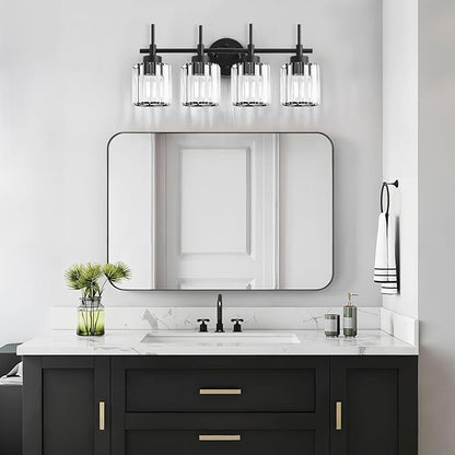 EJIAXIN 4 Light Round Crystal Vanity Lights, Modern Black Crystal Wall Light Bath Mirror Light Fixture Over Mirror Bathroom Wall Sconces for Bathroom Living Room