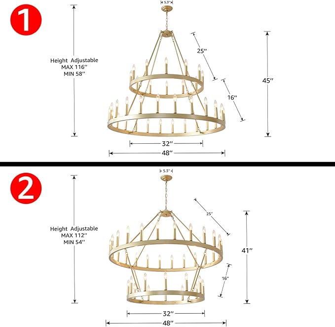 HHR 48" Gold Wagon Wheel Chandelier 2 Tiers, 36-Light Large Farmhouse Chandelier for High Ceilings, Round Rustic Pendant Light Fixture for Foyer, Entryway, Dining Room, E12