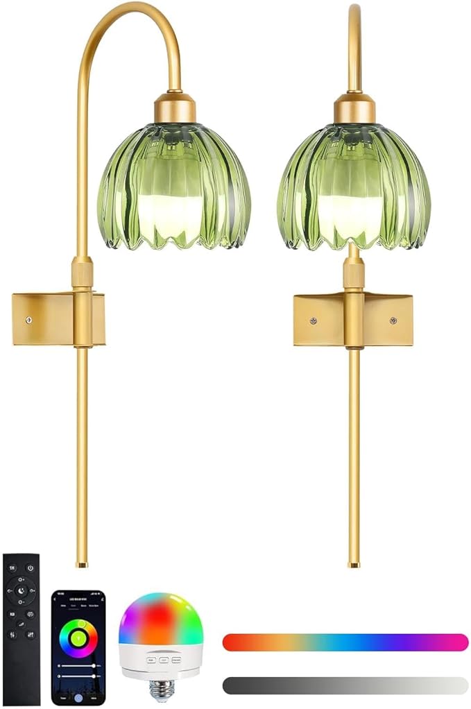 ZECOXOL Vintage Battery Operated Wall Sconces Set of 2, Gold Rechargeable Wireless Wall Lamp Lights with Glass Lampshade & Remote,Dimmable 12 Colors Flower Wall Sconce for Bedroom Living Room Hallway