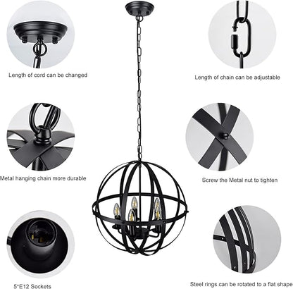 DLLT Pendant Light Metal, 5-Light Globe Pendant Lighting, Adjustable Hanging Ceiling Chandelier Light Flush Mount for Kitchen, Dining Room, Living Room, Hallway, Bedroom, Entryway, E12-Matte Black