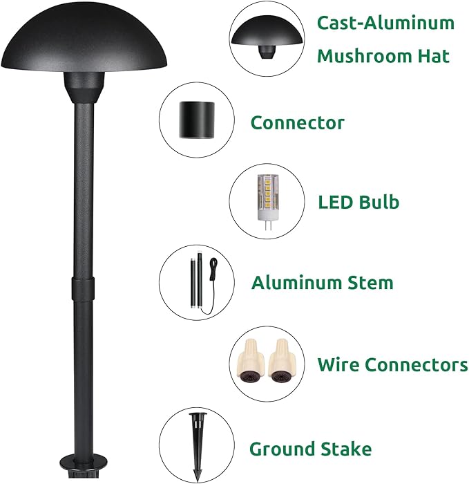 Lumina Lighting® Low Voltage Landscape Lighting Cast-Aluminum Path and Area Light Warm White 3W G4 LED Bulb and ABS Ground Stake Included for Yard Walkway Lawn PAL0107-BKLED4 (Black,4-Pack)