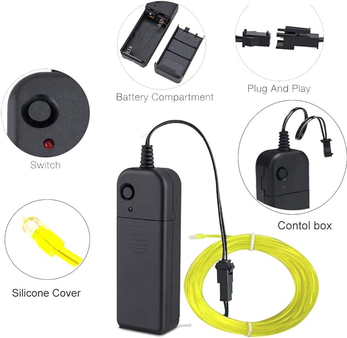 MaxLax EL Wire Lemon Green, 32.8ft/10m Portable Battery Pack Neon Light Strip 360° Cuttable Glowing Rope Lights for Parties, Halloween, DIY Decoration