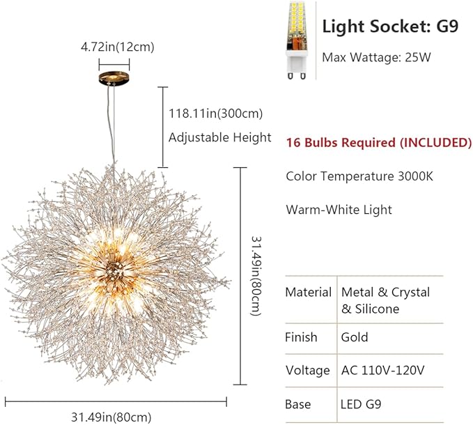 Gold Crystal Chandeliers Dandelion, 31.4" Steel Firework Chandelier Large Lighting, 16-Light Modern Sputnik Pendant Light Fixture for Living Room Bedroom