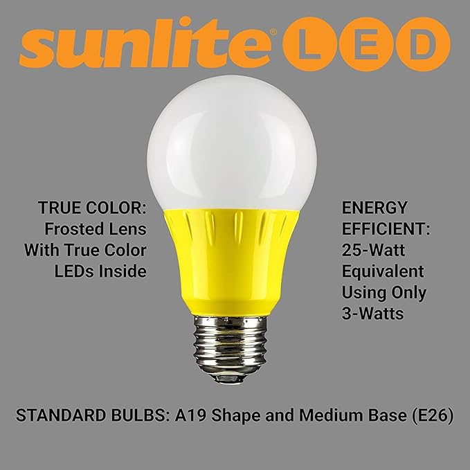 Sunlite 80149 LED A19 Colored Light Bulb, 3 Watts (25w Equivalent), E26 Medium Base, Non-Dimmable, UL Listed, Party Decoration, Holiday Lighting, 1 Count, Amber