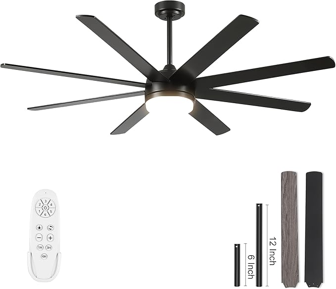 YUHAO 62 Inch Black Ceiling Fan with Light and Remote Control.Noiseless,Dimmable,3CCT,6 Speeds Reversible, DC Ceiling Fans for Indoor or Covered Outdoor Use.ETL Listed