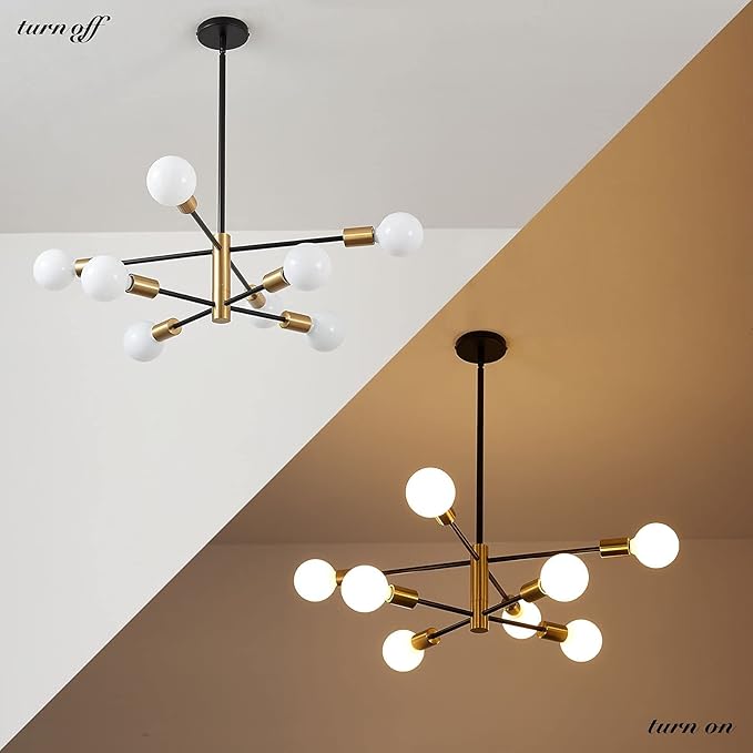 RUIYEY Modern Sputnik Chandeliers Black and Gold Mid Century Chandelier 8-Light Dining Room Light Fixture Height Adjustable Ceiling Lights Farmhouse Chandeliers for Kitchen Island Living Room