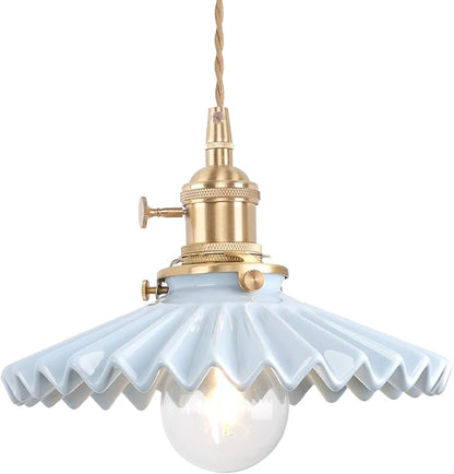 Shenmoyl Pendant Light with Blue Pleated Ceramic Lmapshade, Brass Vintage Pendant Light Adjustable Hanging Light for Kitchen Island Dining Room Hallway
