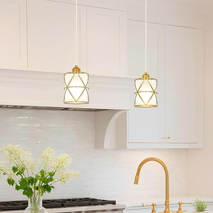 Brushed Gold Pendant Lights for Kitchen Island Set of 2, Pendant Lights Kitchen Island with Frosted Glass Shade, Modern Bathroom Pendant Lighting for Foyer, Dining Room, Entryway - Adjustable Height