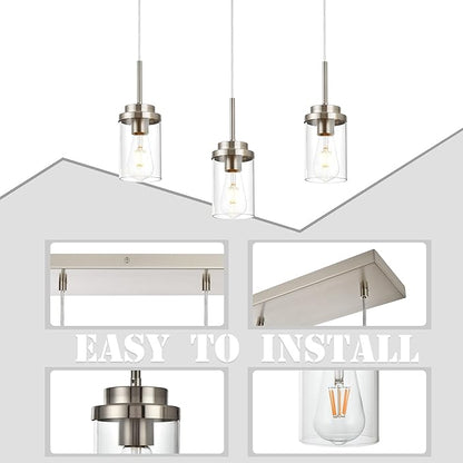 MELUCEE Kitchen Pendant Lighting Over Island 3 Lights Linear Chandelier Brushed Nickel Finish Dining Room Light Fixtures Ceiling Hanging Lamp with Clear Glass Shade, 20.5 Inches Length