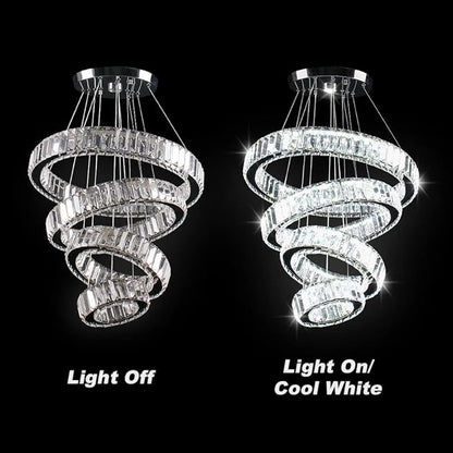 CLAIRDAI Modern 4 Ring Crystal Chandelier, LED Pendant Light Fixture, Cool White K9 Crystal Ceiling Light for Dining Room, Living Room, Bedroom