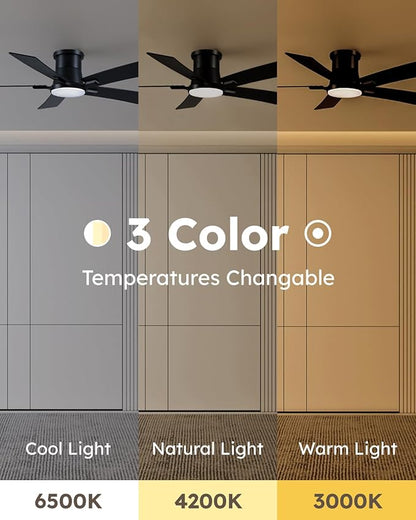 46 Inch Ceiling Fans with Lights and Remote, Black Low Profile Ceiling Fan, Flush Mount Style with 5 Blades, For Indoor Bedroom Living Room/Outdoor, 6 Speed Reversible DC Motor, 3CCT Dimmable LED