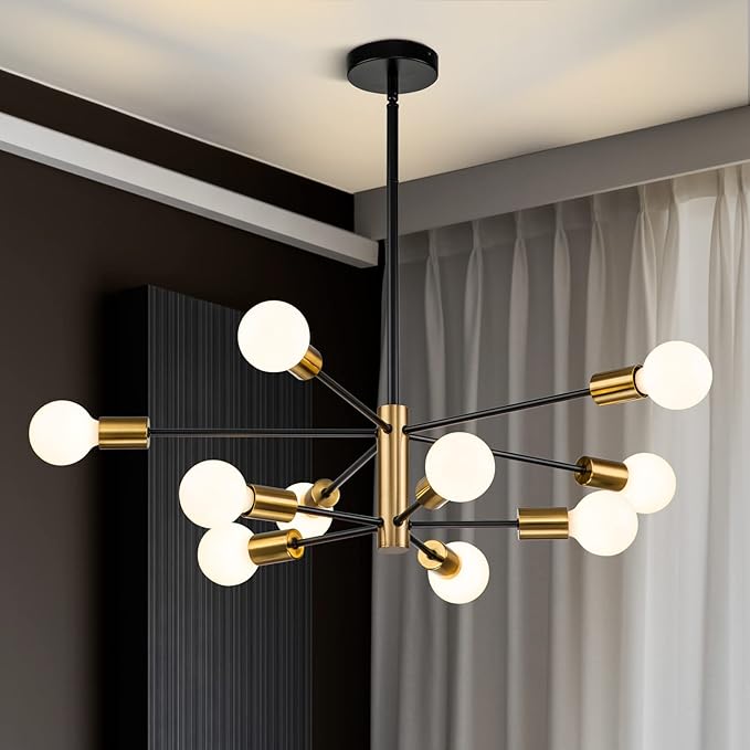 SINERISE Modern Sputnik Chandelier Light Fixture, 10-Light Chandelier Ceiling Light Fixture Black and Gold Mid Century Chandelier Height Adjustable for Kitchen, Living Room, Bedroom, Hallway and Foyer