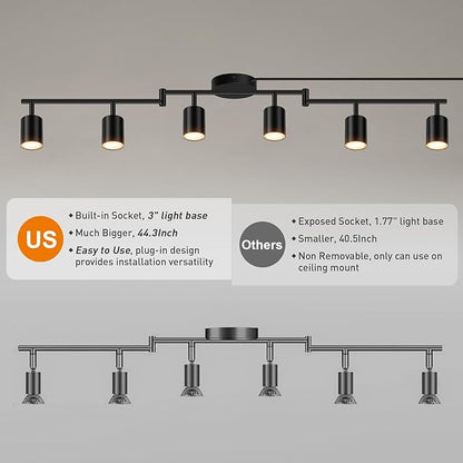 Plug in Track Lighting, LED Track Lighting Fixtures Ceiling, Black 6-Light Kitchen Light Kit, Plug in Wall Light with 14.8ft Power Cord, Rotatable Ceiling Spotlight for Bedroom(GU10 Socket, NO Bulb)