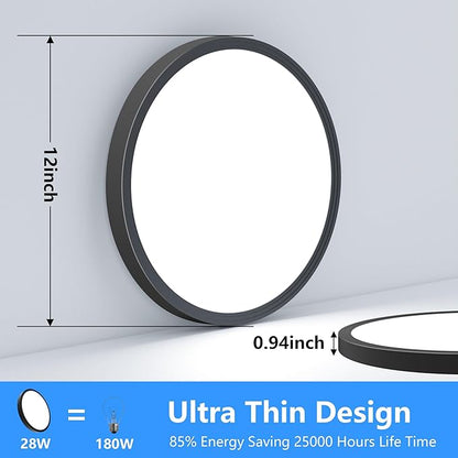 Flush Mount Ceiling Light Fixtures,12inch Flat led Light for Ceiling,6500K 3200LM Ultra Thin Round Black Lamp for Bedroom Kitchen,Bathroom,Garage,Living Room, Dining Room - 4PCS