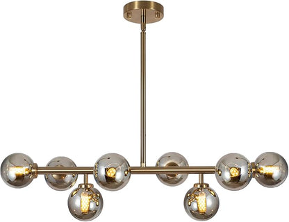 Sputnik Chandelier Gold Pendant Linear Light Modern Mid Century Light Fixture Grey Globe Shade for Dining Living Room Kitchen Island 8-Light