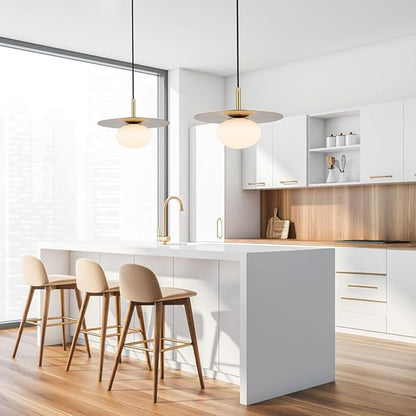 BYOLIIMA Modern Globe Pendant Lighting Milky White Glass Shade Brass Gold Farmhouse Pendant Light 11.81" Dome Industrial Mid Century Hanging Ceiling Light Fixture Kitchen Island Dinning Room Bedroom