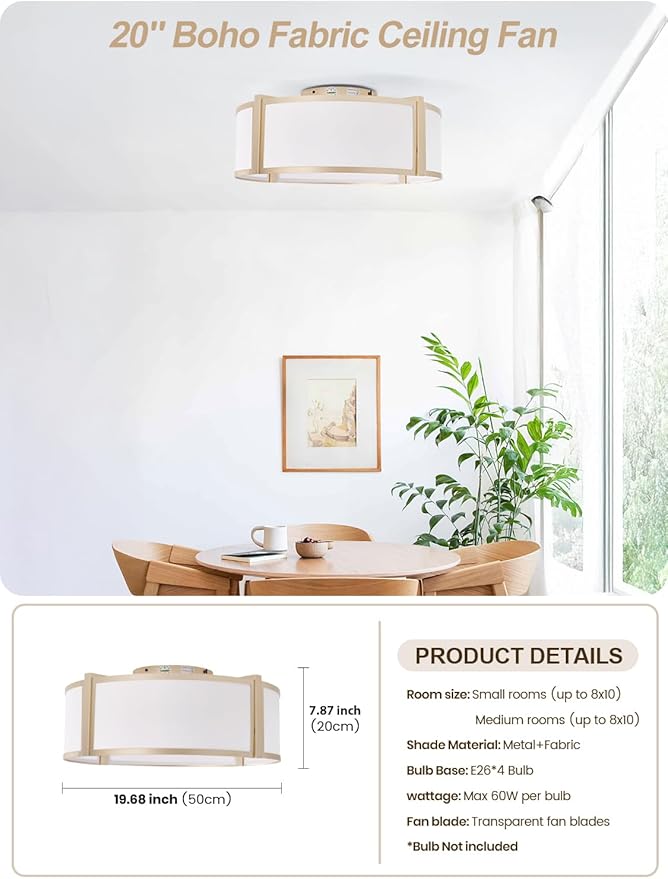 zheshirui Gold Caged Ceiling Fan with Light, 20" Flush Mount Boho Ceiling Fans with Lights Remote Control, Fabric Bladeless Caged with 6 Speeds for Bedroom, Nursery, Living Room