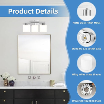 SILAMPDI Bathroom Light Fixtures Brushed Nickel, 3-Light Bathroom Lights Over Mirror, Bathroom Vanity Lights for Bedroom, Living Room, Hallway, Milky White Glass Shades, E26 Base, Bulbs Not Included